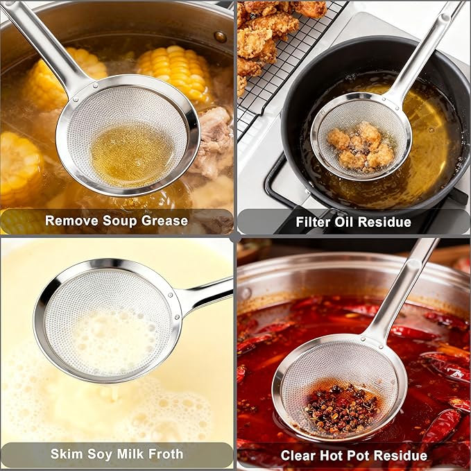 3 Pack Fine Mesh Skimmer Spoons, 304 Stainless Steel Strainer Ladles with Long Handles, Extra Fine Kitchen Sieves for Oil, Grease, Foam, Pasta, Seafood & Hot Pot Cooking