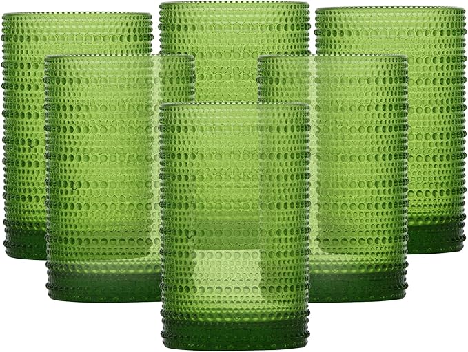Fortessa Jupiter Beaded Hobnail Glass, 13 Ounce Iced Beverage (Set of 6), Fern Green
