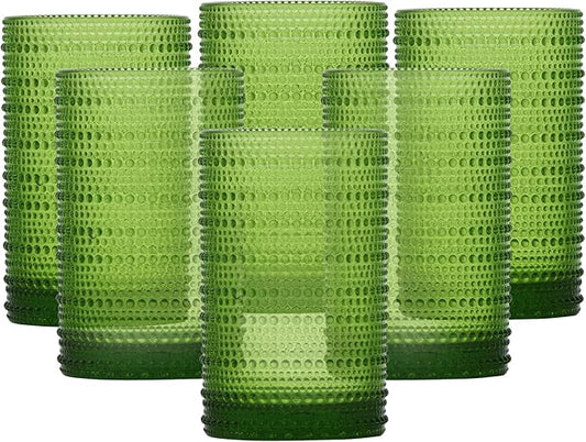 Fortessa Jupiter Beaded Hobnail Glass, 13 Ounce Iced Beverage (Set of 6), Fern Green