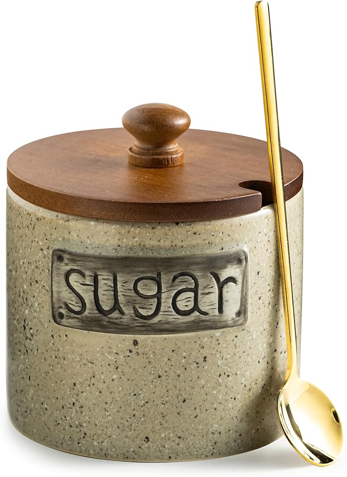 LYEOBOH 15OZ Sugar Bowl, Sugar Dish, Rustic Sugar Container with Wood Lid and Spoon for Coffee Bar, Dishwasher Safe, Stainless Steel Spoon - Farmhouse Kitchen Decor Housewarming Gift, Beige