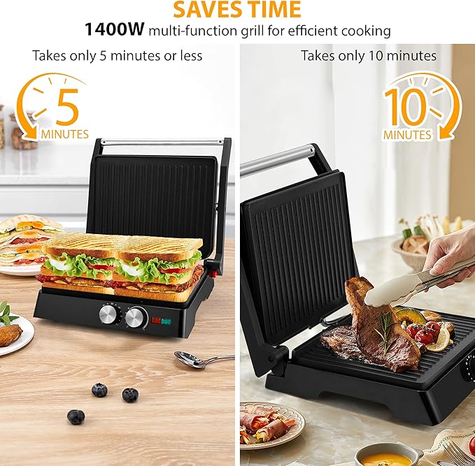 SUSTEAS 2in1 Panini Press Sandwich Maker and 304 Stainless Steel Electric Indoor Grill with Temperature Time Setting, Easy Clean Nonstick Grids, Opens 180°/105° to Fit Any Type or Size of Food,1400W
