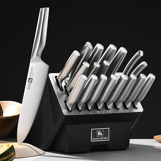 Klaus Meyer 19 Piece Contour High Carbon Stainless Steel Kitchen Knife Set with Knife Sharpener Non-Slip Handles Knife Set with Block