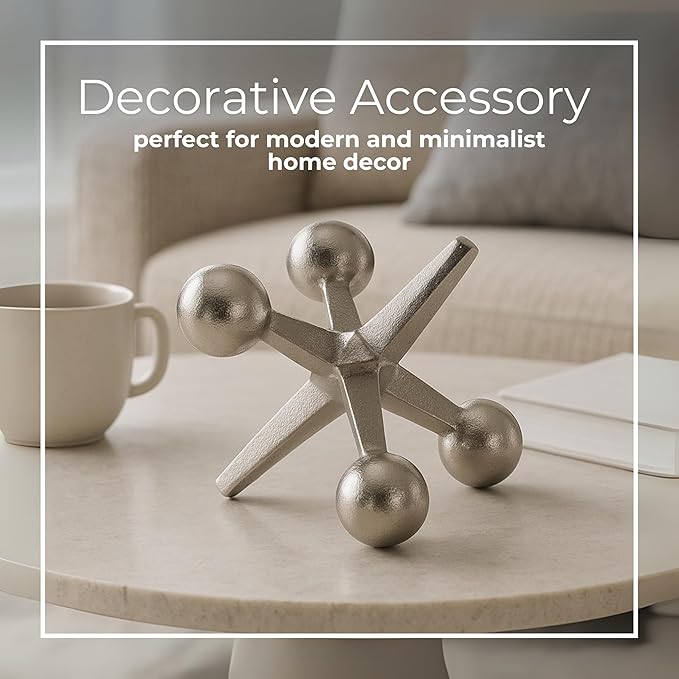 Silver Metal Jacks Decorative Object – Abstract Sculpture Modern Home Decor Ornament – Shelf Styling & Coffee Table Decor for Bathroom, Office & Living Room – 7" x 5"