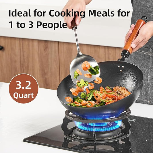 VIVIDCOOKWARE 11 Inch Round Bottom Wok, Cold-Forged Iron Wok with Glass Lid, Carbon Steel Wok with Wooden Handle, Heavy-Duty Stir Fry Pan for Gas Stoves and Round-Bottom Induction Stovetop