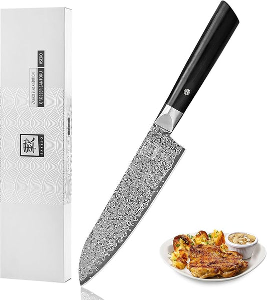 zayiko Black Edition Damascus Santoku Knife – 7.1-Inch Blade | 67-Layer VG10 Core Steel | Ergonomic Pakkawood Handle | Premium Kitchen Knife for Meat, Fish & Vegetables | Gift Box