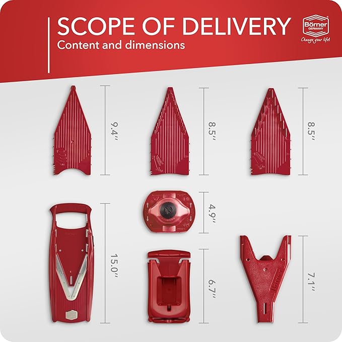 Börner Mandoline Slicer V5 (Professional Set) • Adjustable Vegetable Slicer (7-piece) • 10 Cutting Styles • Kitchen Slicer incl. Docking Station • Stainless Steel V-Blade • Color: Red
