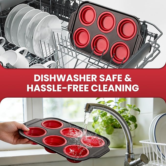HE-SANQI Silicone Muffin Pan for Baking with Metal Reinforced Frame - 6 Cups Regular Size Cupcake Pan Muffin Tins Egg Bite Molds - Nonstick, Easy to Pop, Bakeware for Oven, BPA Free (6-Cups Red)