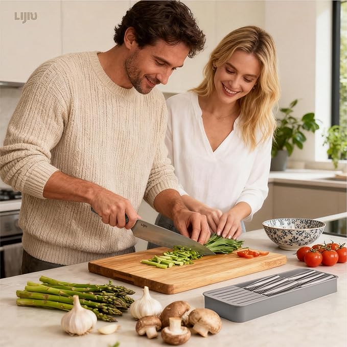 Kitchen Knife Set 6 Pcs & Horizontally Knives Case, Crafted from High Carbon 5Cr15Mov Stainless Steel and Food-Grade Polypropylene.