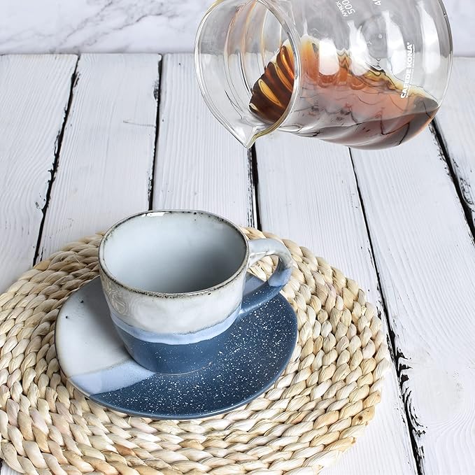 Bosmarlin Stoneware Coffee Cup Mug with Saucer Set of 2 for Latte, Cappuccino, Tea, Oz, Dishwasher and Microwave Safe (Blue, 2)