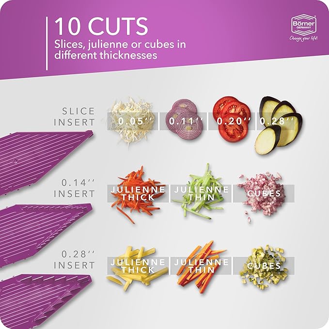 Börner Mandoline Slicer V5 (Starter Set) • Vegetable V-Slicer for Slices, Sticks & Dices in Various Sizes • With Stainless Steel V-Blade • Adjustable Kitchen Slicer • Color: Purple