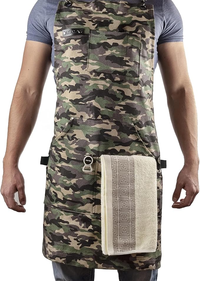 Asaya Chef and BBQ Apron with Bottle Opener and Hand Towel - 10oz Cotton Canvas, Stainless Steel Hardware - Cross Back Straps