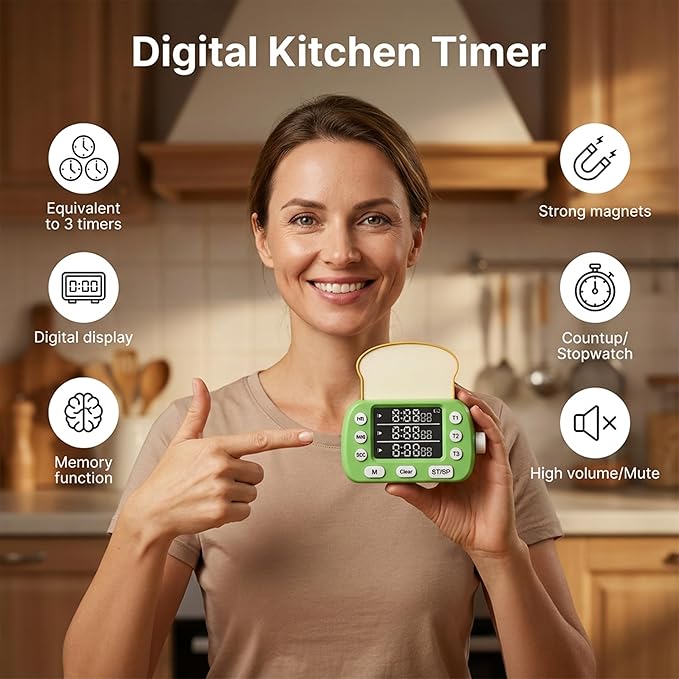 Digital Kitchen Timer for Cooking - 3 Channel Countdown Timer and Stopwatch with Strong Magnets,Silent Mode, LED Display, Memory, Timers for Cooking, Oven, Egg, Baking, Grilling, Teaching