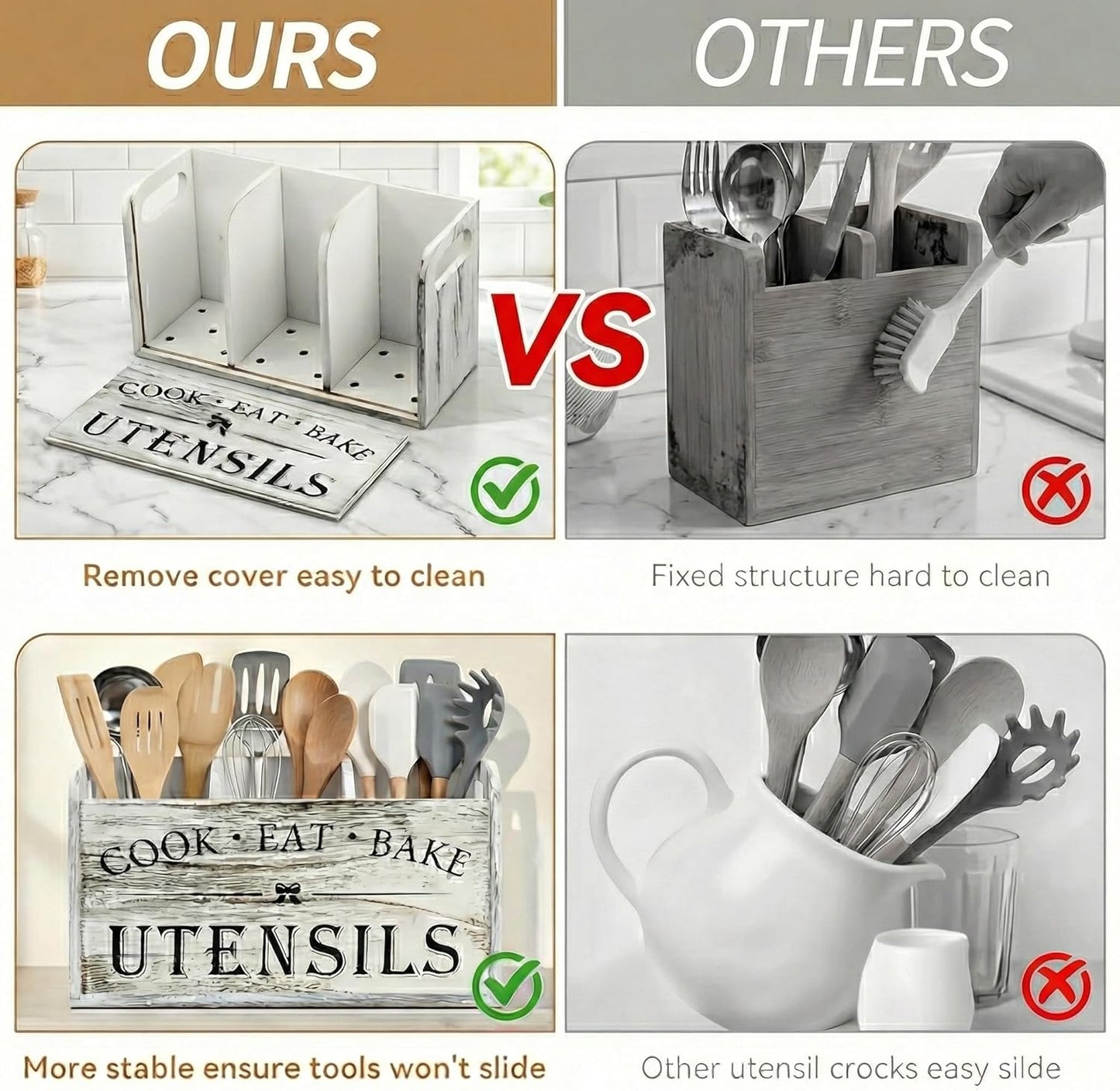 Farmhouse Kitchen Utensil Holder for Countertop, Distressed White Wooden Cooking Utensil Organizer with 3 Compartments & Handles, Rustic Extra Large Crock Space Saver for Spatulas & Spoons