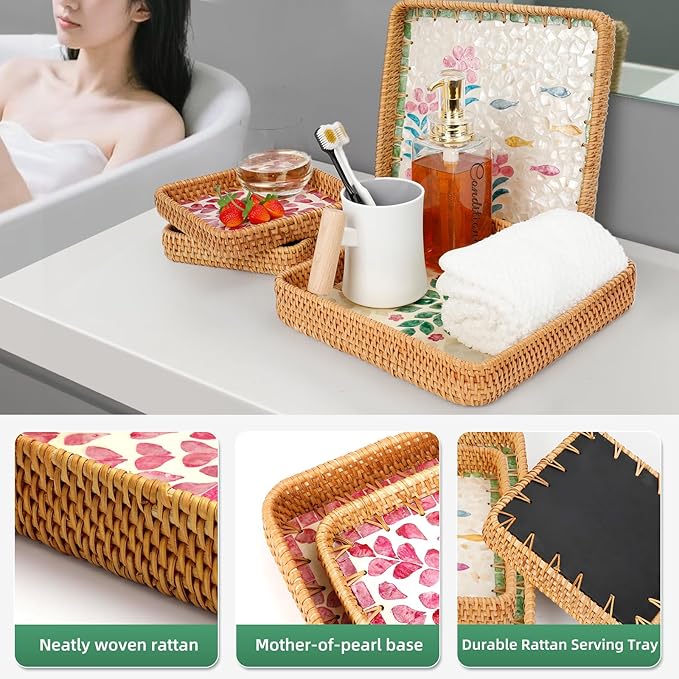 1 pcs Rectangle Rattan Serving Tray with Mother of Pearl Inlay, Decorative Wicker Tray for Coffee, Bread, Fruits, Elegant Table Decor for Living Room & Dining Room