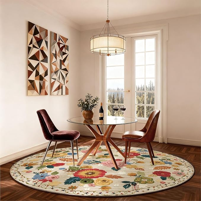 4x4 Round Bedroom Rug Washable: Round AreaRug Stain Resistant Floral Rug Non Slip Low Pile Small Carpet for Bedroom Kitchen Entryway Living Room Bedside Office Dorm Kids Room Entrance