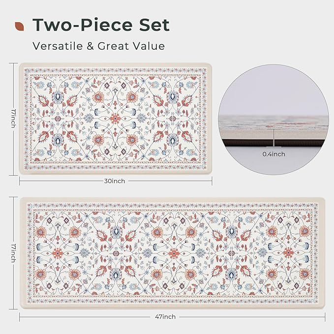 FRESHMINT Anti Fatigue Kitchen Mats for Floor 2 Piece Set, Waterproof & Non-Skid Vintage Floarl Kitchen Rugs, Cushioned Kitchen Mat for Standing Washable Comfort Desk Kitchen Runners, 17x30''+17x47''