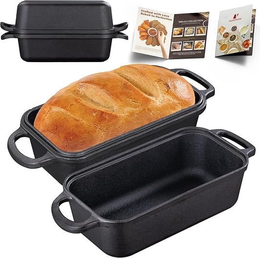 Vanderlume Cast Iron Loaf Pan with Lid 9x5 Inch, 2 in 1 Loaf Pans for Baking Bread, Even Heat Distribution for Sourdough, Homemade Bread