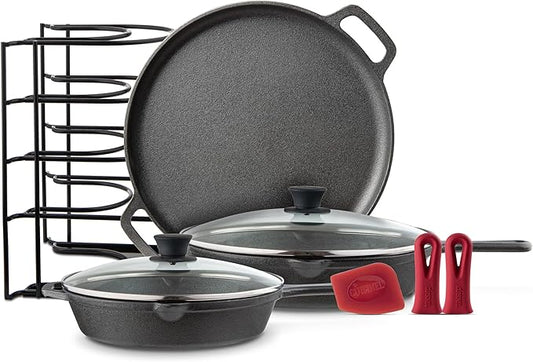 Cuisinel Cast Iron Cookware Set - 9-Pieces Pre-Seasoned Kit: 10"+12" Skillet + Glass Lids + Pizza Pan + Pan Rack Organizer + Silicone Handle Covers + Scraper/Cleaner - Grill, Camping, Indoor/Outdoor