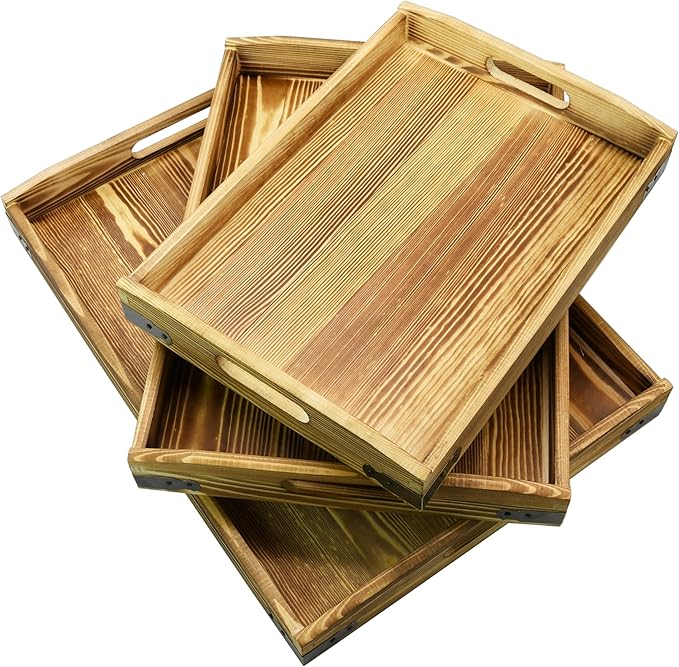 Owlgift Rustic Burnt Wood Serving Trays with Brass Metal Wrap Accents, Set of 3
