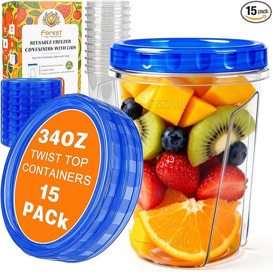 15 Pack 34oz Reusable Freezer Storage Containers with Twist Top Lids Airtight, Clear Plastic Soup Freezer Containers, Quart Food Storage Containers with Lids for Meal Prep Leftover Lunch Salad Fruit