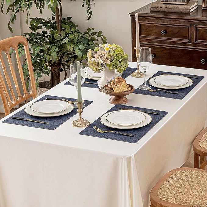 Romanstile Vinyl Placemats Set of 6-12 X 17 Inch - Heat Resistant Non-Slip Embossed Floral Place Mats 100% Waterproof Oilproof Wipeable Faux Leather Table Mats for Kitchen/Dining/Party, Navy Blue