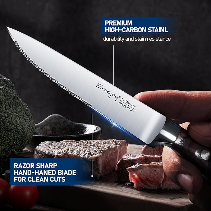 Emojoy Steak Knives, Steak Knife Set of 8, Highly Resistant and Durable German Stainless Steel Serrated Steak Knives with Gift Box
