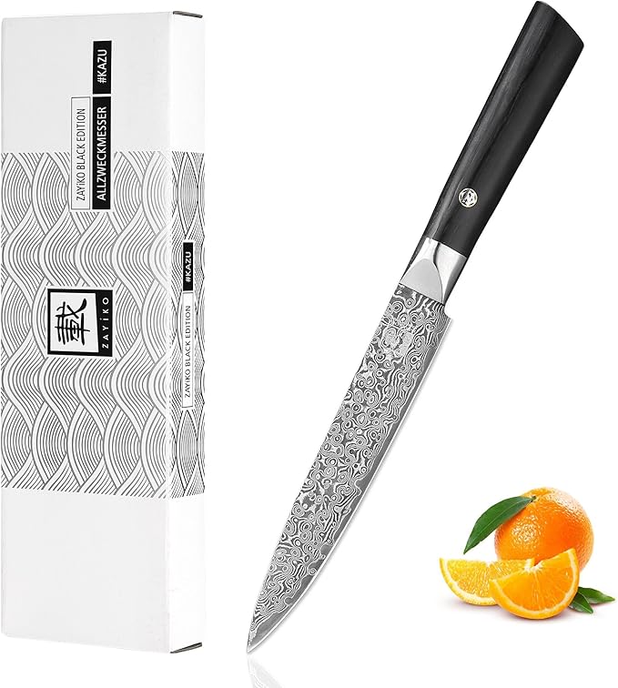 zayiko Black Edition Damascus Utility knife 5-inch blade extremely sharp from 67 layers I Damascus kitchen knives and professional chef's knives made of genuine Japanese Damascus with Pakka wood