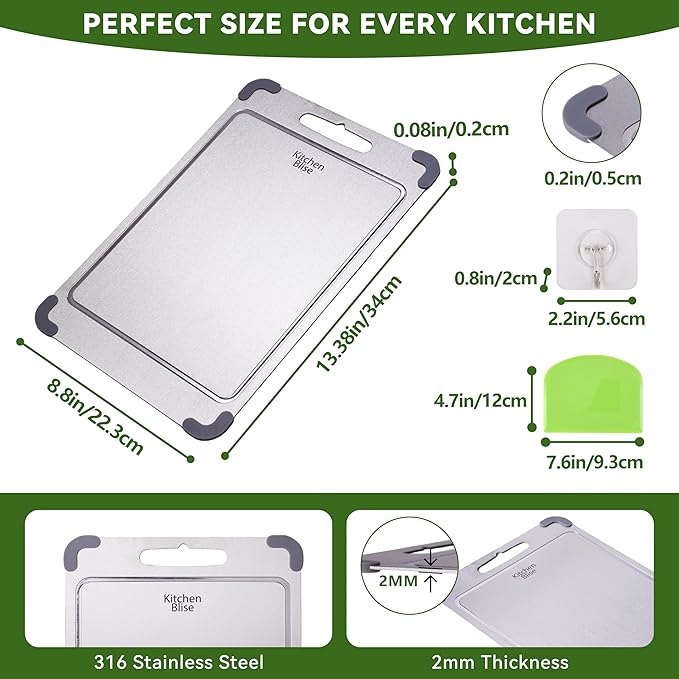 Stainless Steel Cutting Board, Double Sided Food Gradable Steel Cutting Boards for Kitchen with 2 Cleaning Scrapers, Metal Cutting Board with Grooves for Fruits (Medium)