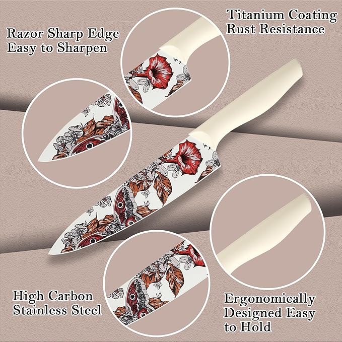 Marco Almond Knife Set Artistic Designed Pattern Kitchen Knife 6 Stainless Steel Kitchen Knives w 6 Blade Guards, Dishwasher Safe Knives for Family Kitchen Knives Set for Chefs