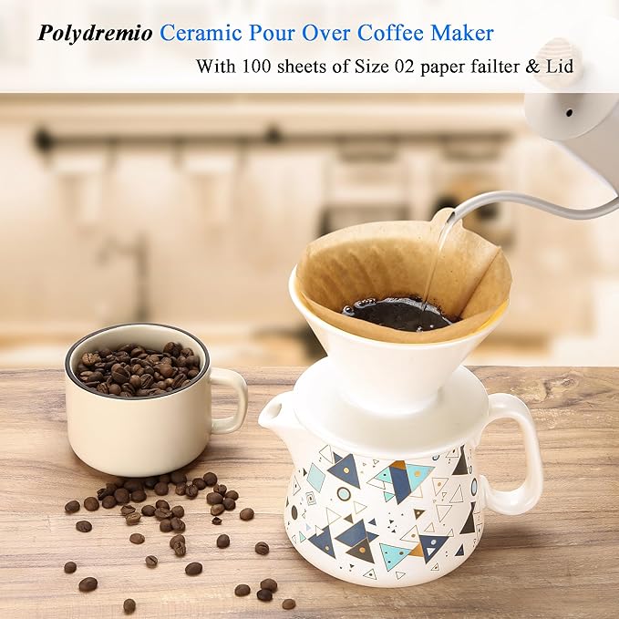 Polydremio Pour Over Coffee Maker, Ceramic Coffee dripper with 100 pcs V60 Paper Filter, Ceramic coffee Server with Lid, 15.5oz/450 ml, Suitable for 1-2 people (White A)