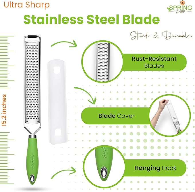 Spring Chef Stainless Steel Lemon Zester Grater with Handle - Garlic, Cheese, Parmesan, Nutmeg, Lime, Ginger Grater - Heavy Duty Kitchen Tool - Citrus Zester with Blade Cover - Fine Shred - Green