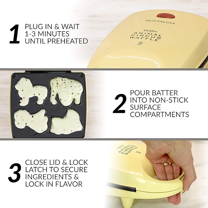 Nostalgia MyMini Personal Electric Animal Circus Waffle Maker, Waffle Iron makes Cat, Dog, Elephant, Lion, Yellow