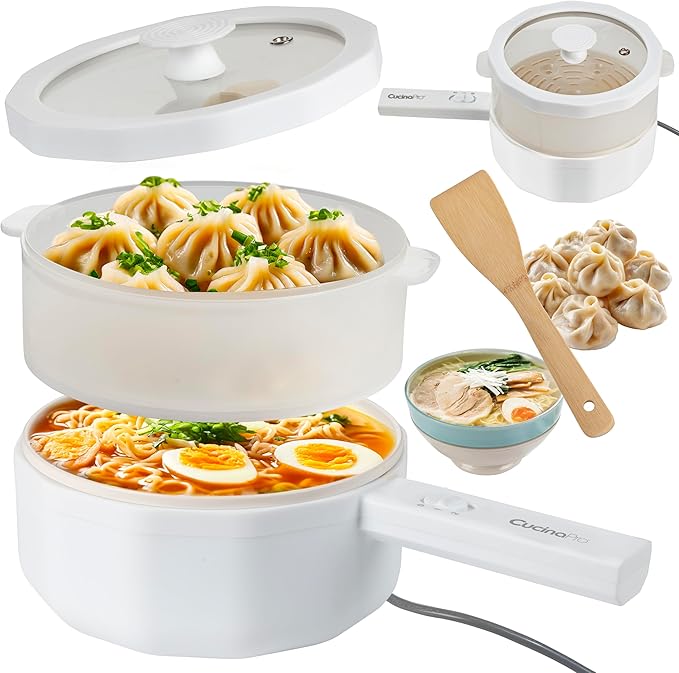 3-In-1 Electric Hot Pot w Dumpling Steamer & Rice Cooker - Multi-Function Non-Stick Cooker (1.5L) - Rapid Noodles Fried Rice Ramen Vegetables Soup w 2 Power Settings - Dorm Essential Must Have Gift