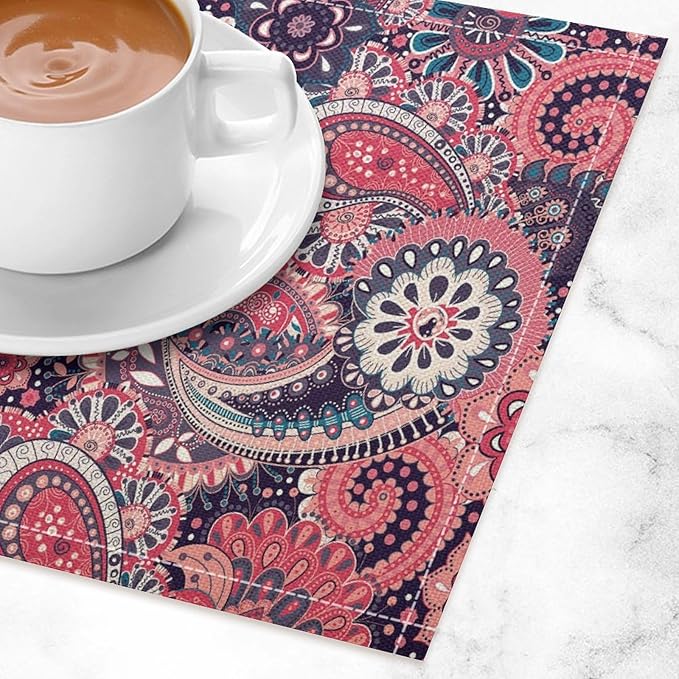 Mandala Placemats Set of 4 Vintage Bohemia Flower Pink Art Printed Dining Table Mats for Restaurant Home Kitchen Holiday Picnic Party Decor 12x18in