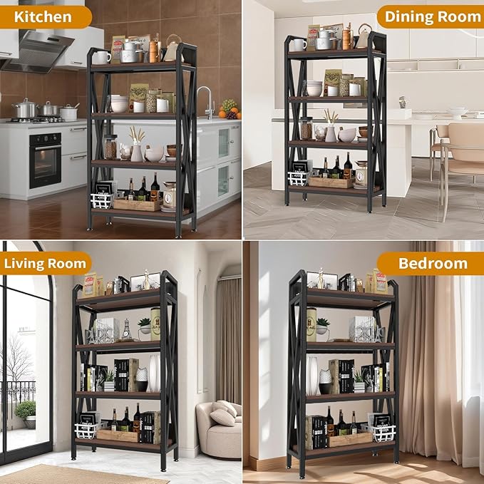 Bakers Rack with 4-Tier Adjustable Wood Shelves, Heavy-Duty Metal Frame Kitchen Shelf Organizer, Microwave Stand for Kitchen, Living Room, Apartments, 33.5'' Wide for Extra Space