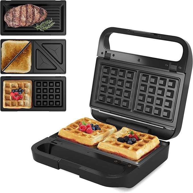 Sunvivi 3 in 1 Sandwich Maker, Electric Waffle Maker with Removable Non-stick Plates, 850W Panini Press Grill with Glass Top, Cool Touch Handle & Easy to Clean