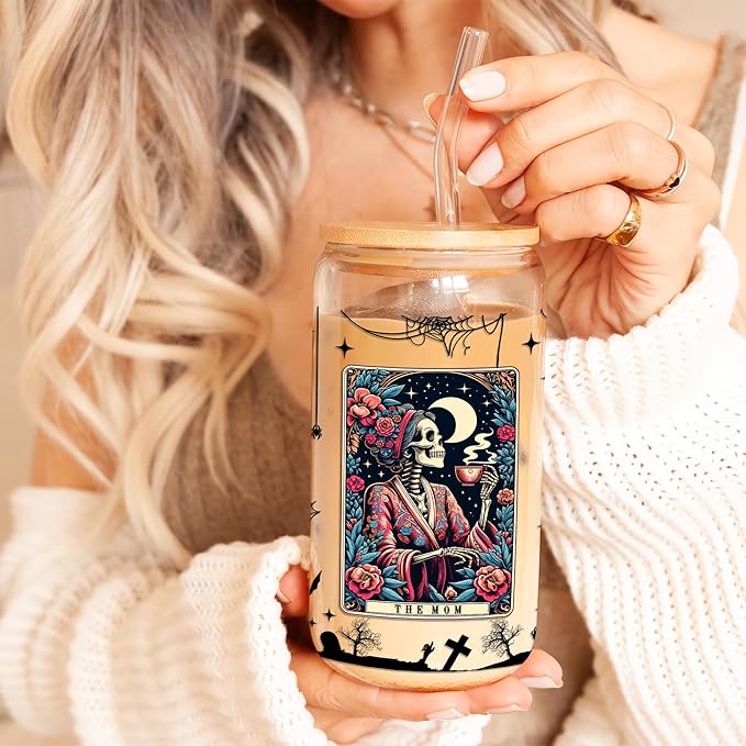 Funny Skeleton Mom 16 Oz Iced Coffee Cups Tarot Card Halloween Glass with Lids and Straws Spooky Skull Drinking Glasses Mommy Witchy Mugs Gothic Christmas Gifts for Women Mama Aunt Coworkers