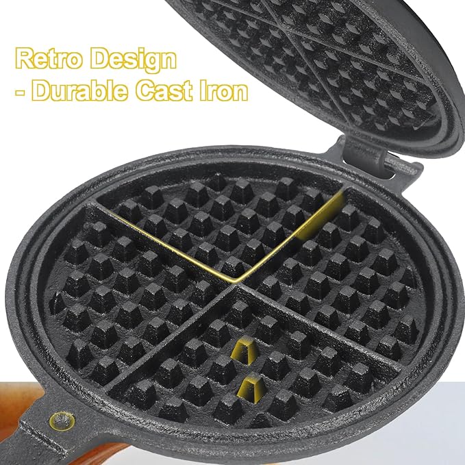 Cast Iron Waffle Maker - 8 inch Round Stovetop Waffle Iron, Two Piece Hinged Non-Electric, Quick Heating, Easy Clean
