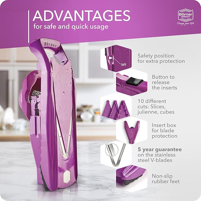 Börner Mandoline Slicer V5 (Starter Set) • Vegetable V-Slicer for Slices, Sticks & Dices in Various Sizes • With Stainless Steel V-Blade • Adjustable Kitchen Slicer • Color: Purple