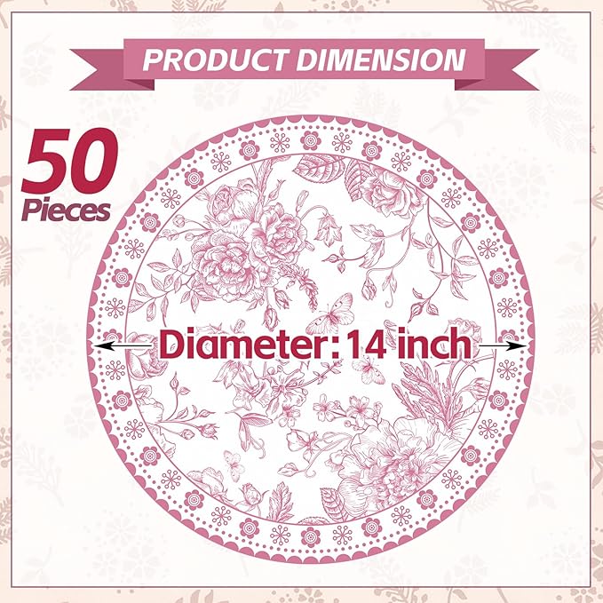 50 Pcs 14 Inch Pink Floral Paper Place Mats Chinoiserie Round Placemats Flower Disposable Decorative Table Mats for Dinner Table Setting Banquet Party Supplies