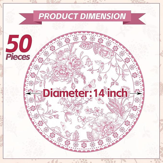50 Pcs 14 Inch Pink Floral Paper Place Mats Chinoiserie Round Placemats Flower Disposable Decorative Table Mats for Dinner Table Setting Banquet Party Supplies