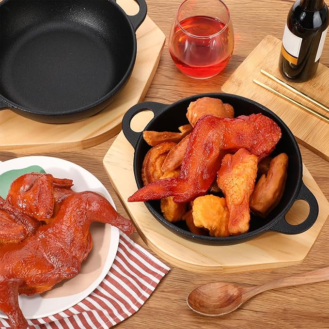 2 Sets Mini Cast Iron Skillet with Wooden Base Small Cast Iron Plates Skillet Pan Round Fajita Plate Hot Steak Pot Dish for Baking Cooking (9.45 Inch)