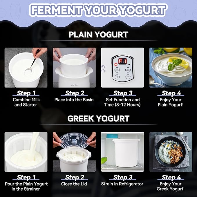 Party Dessert Electric Greek Yogurt Maker Machine with Strainer, Automatic Yogurt Maker for Home Organic Yogurt, Timer Control, BPA-free PP Lid, 2 x Inner Bucket (2 Quarts)
