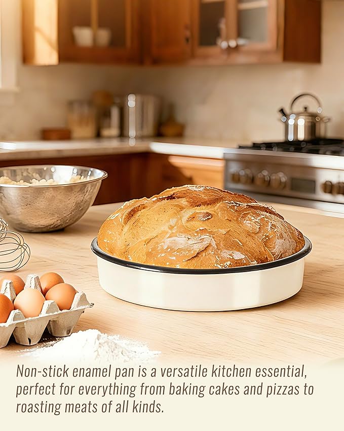 MCCSI Modern Round Enamel Roasting pan Deep Cake Pan Deep Dish Design,Dishwasher Safety (Creamy White, 10 inch)