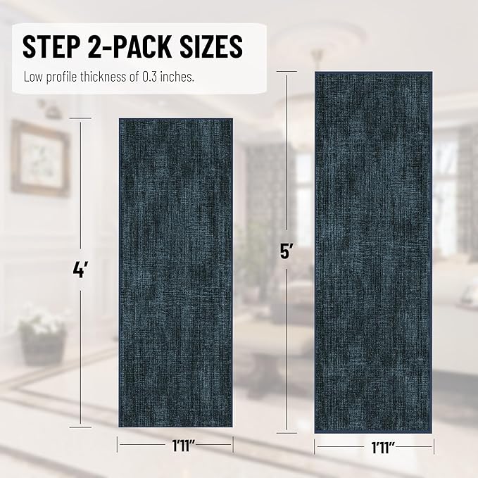 Ottomanson 2-Piece Kitchen Rug Set - Non Slip Runner & Washable Mat - 1'11" x 4' + 1'11"' x 5' - Durable, Stain Resistant for Entryway, Bedroom and Bathroom, Solid Charcoal Navy