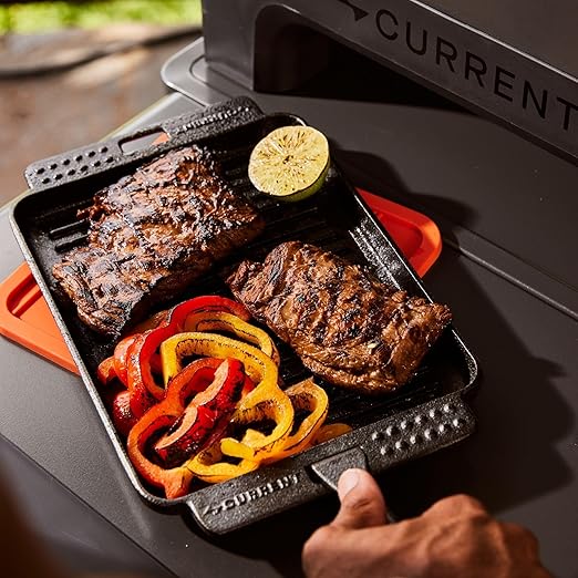 Current Cast Iron Sizzle Plates 3-Piece Set - Deep Pan, Shallow Pan, Grill Pan with Removable Handle, Pre-Seasoned, Heat Retention, Compatible Model P Pizza Oven