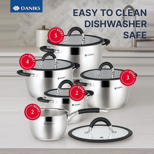 Daniks Orlando 10-Piece Stainless Steel Cookware Set with Glass Lids, Includes Saucepan, Tri-Ply Bases for Even Heating, Induction Compatible, Dishwasher Safe, Heatproof Handles