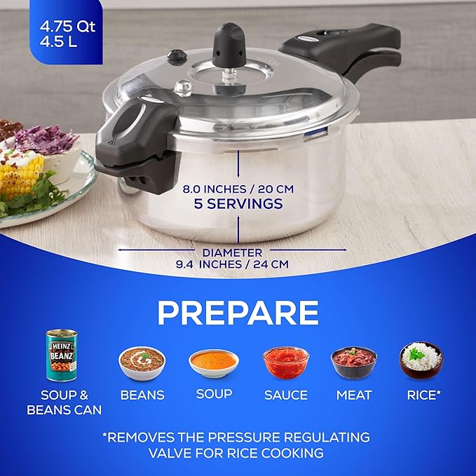 Universal (4.75 Quart / 4.5 Liter) Ultra Pressure Cooker, Pressure Pot with 6 Safety Systems, Aluminum Pressure Cooker for 5 Servings, Even Heat Distribution, Diameter 9.4 inches, Height 8 inches