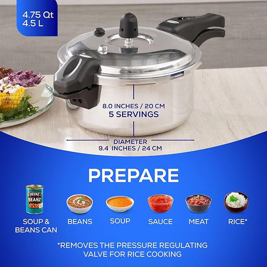 Universal (4.75 Quart / 4.5 Liter) Ultra Pressure Cooker, Pressure Pot with 6 Safety Systems, Aluminum Pressure Cooker for 5 Servings, Even Heat Distribution, Diameter 9.4 inches, Height 8 inches