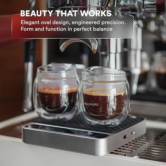 ovalware Espresso Pouring Glass Set of 2 | Double-Wall 2.7oz/80ml Shot Measuring Cup | Heat Protective Comfort | Oval Measurement Dots for Ristretto and Espresso | Drip-Free Precision Spout
